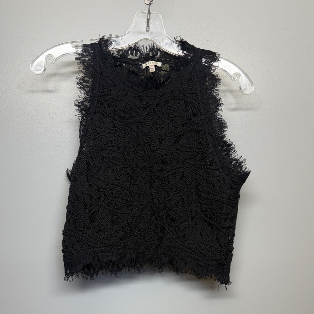 A.Peach Black Sheer High Neck Feminine Coquette Lace Trim Women's Blouse